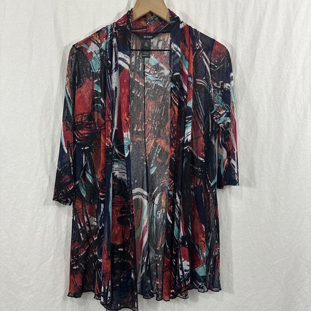 Ali Miles Mesh Topper Open Artsy Colorful Cardigan Top Womens Sz M Lagenlook